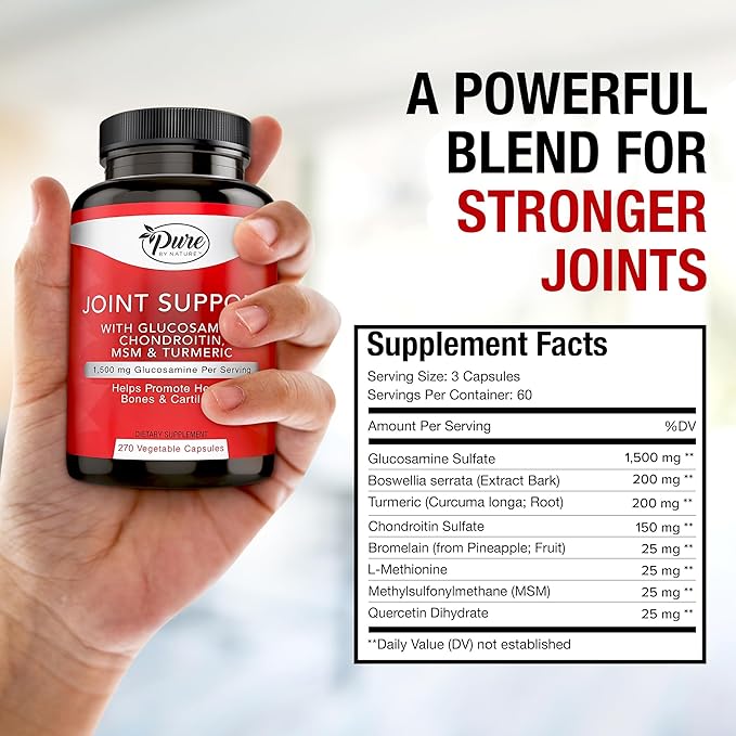 Pure By Nature Joint Support Glucosamine with Chondroitin Turmeric MSM Boswellia Supplement 270 Capsules