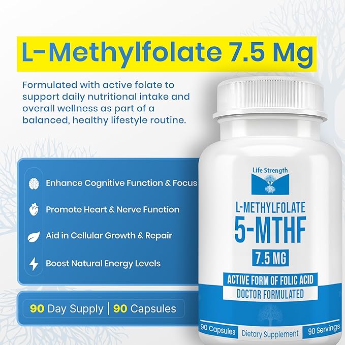 L Methylfolate 7.5mg | 90 Capsules | Optimized &amp Highly Bioactive Methyl Folate Supplement | 5-MTHF Supports for Energy Focus &amp Mood | Non-GMO Gluten Free Vegan | 3 Month Supply