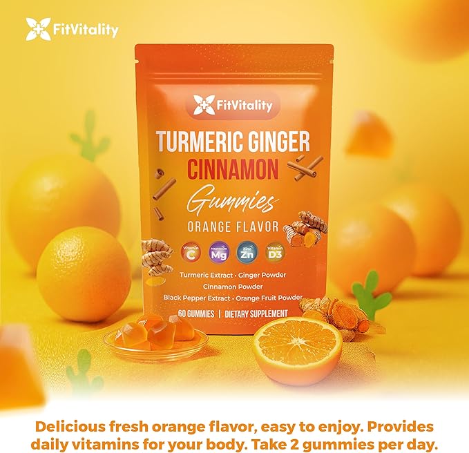Premium 120 Turmeric Ginger Cinnamon Gummies – Vegan Gummies with Vitamin E B12 Magnesium Black Pepper Extract &amp Vitamin D3 – Orange Fruit Flavor