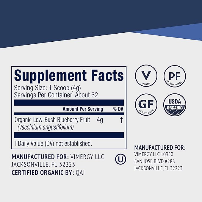 Vimergy Wild Blueberry Powder –Protects Brain Health* - Supports Cardiovascular Function* – USDA Organic Vegan &amp Gluten-Free – 250g
