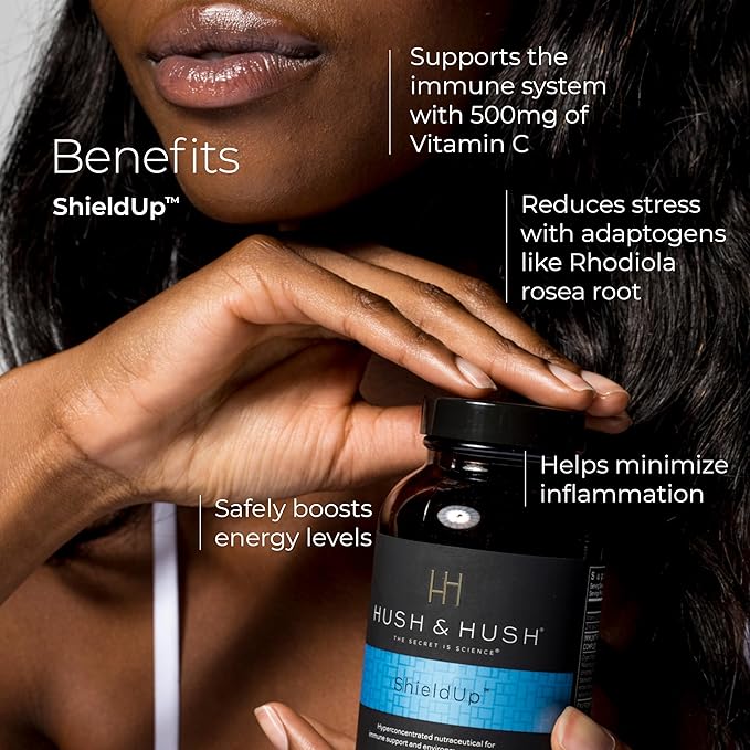 Hush &amp Hush ShieldUp - Immune Booster Energy Supplement - Brain Booster - Vitamin C Maca Root Turmeric and Organic Matcha Leaf Extract - Vegan Gluten Free - 60 Capsules
