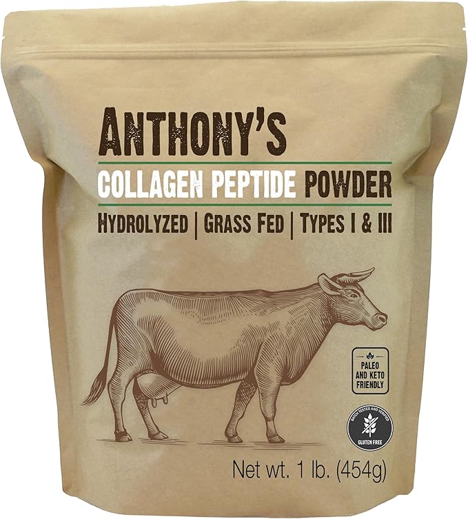 Anthony's Collagen Peptide Powder 1 lb Pure Hydrolyzed Gluten Free Keto and Paleo Friendly Grass Fed Unflavored Non GMO