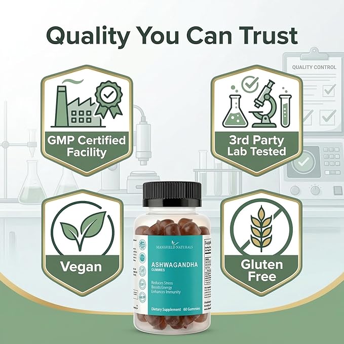 Ashwagandha Gummies with Ashwagandha Root Extract 60 Count Natural Stress Relief &amp Mood Support Vegan Non-GMO Gluten Free Herbal Supplement Pack of 1