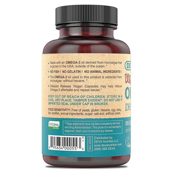 DEVA Nutrition Vegan Omega-3 DHA-EPA from Micro Algae Delayed Release 90 Vegan Capsules 1-Pack