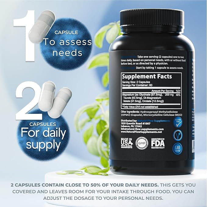 Natural Flow 4X Magnesium Supplement Magnesium Glycinate Taurate Malate Orotate Complex Calm Sleep and Cramp Support Blend No Mag Citrate or Oxide 120 Capsules