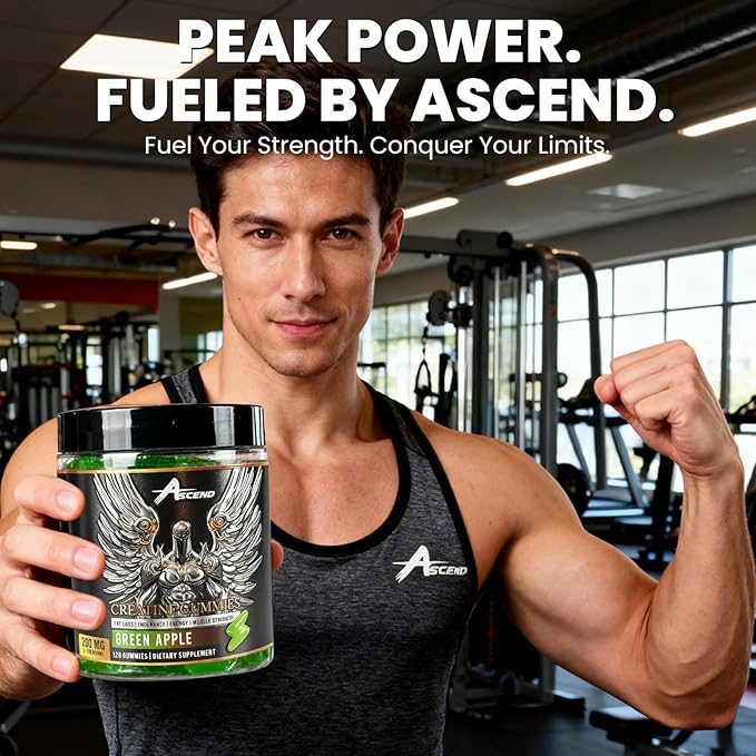 Ascend Creatine Monohydrate Gummies 5000mg Green Apple Flavor 30 Servings