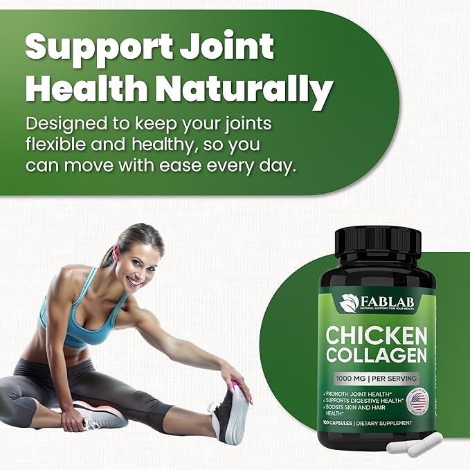 FabLab Chicken Sternum Cartilage Type II Collagen Capsules - Nutritional Supplement for Joints-1000mg per Serving - Non-GMO Anti-Aging Dietary Product with Hydrolyzed Peptides- 100 Capsules