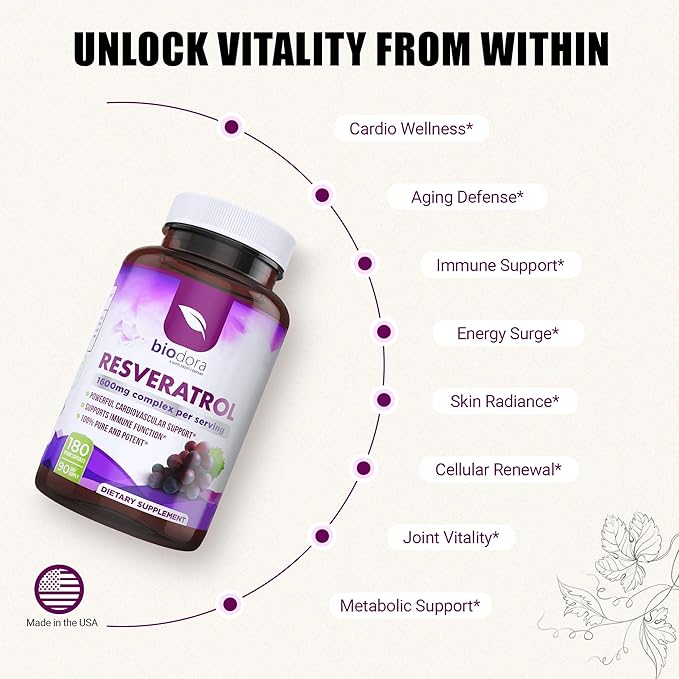 Resveratrol 1600mg - 180 Capsules | Trans-Resveratrol Antioxidant Supplement with Natural Green Tea Grape Seed Polyphenols &amp Quercetin Supports Digestive Heart Health Immune System Brain Func