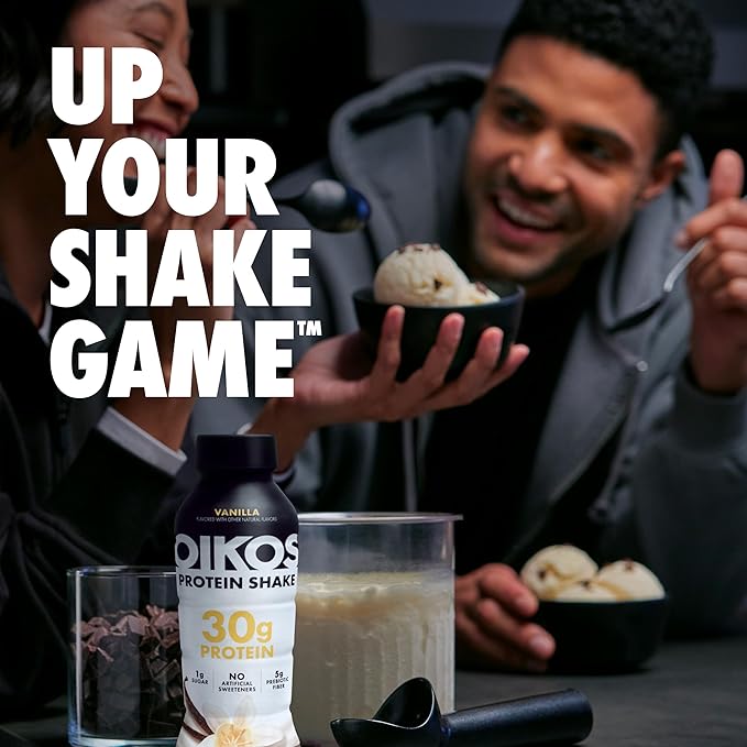 Oikos Protein Shake Exclusive Variety Pack 30g High Protein Drinks Shelf Stable Ready to Drink 5g Prebiotic Fiber 12 fl oz Bottle (4 ct Chocolate 4 ct Vanilla 4 ct Salted Caramel)