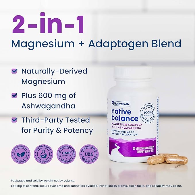 NativePath Native Balance Magnesium Supplement with Ashwagandha - High Absorption Aquamin Ocean-Sourced Formula - 60 Capsules (Pack of 2)