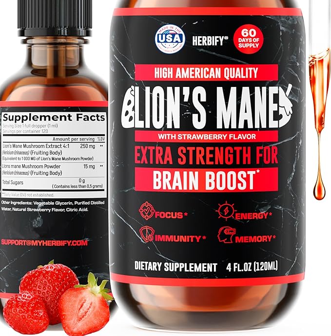 HERBIFY Lions Mane Supplement - Daily Mushroom Supplement for Memory Focus &amp Clarity - Brain Booster - Lions Mane Tincture for Immune Support - 4 Fl oz Strawberry Flavor