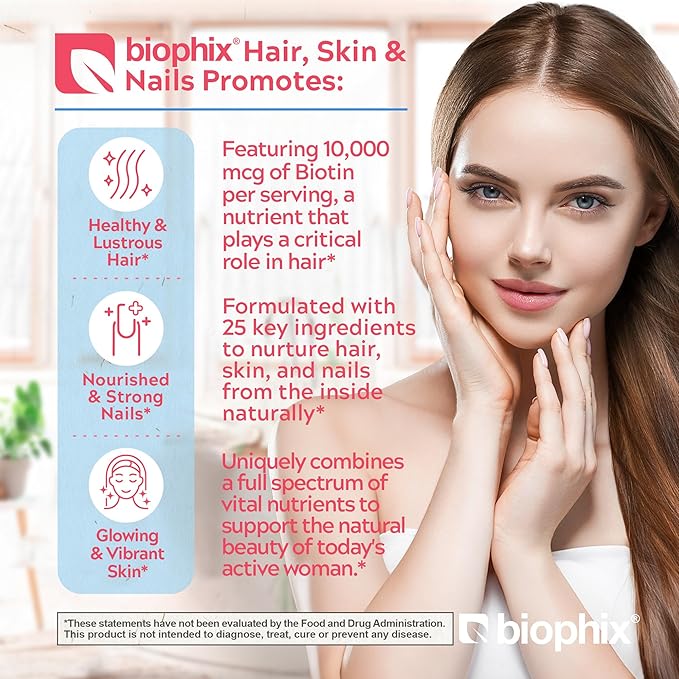 biophix Hair Skin and Nails Complex 180 Caplets with 10000 mcg Biotin - Multivitamin Supports Strong Nails Beautiful Hair Healthy Aging