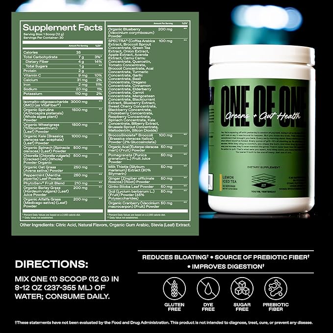 ONE OF ONE Greens &amp Gut Health – Superfood Greens Powder with Prebiotics Probiotics &amp Digestive Enzymes for Gut Health Immunity &amp Energy No Artificial Sweeteners - Lemon Iced Tea 30 Se