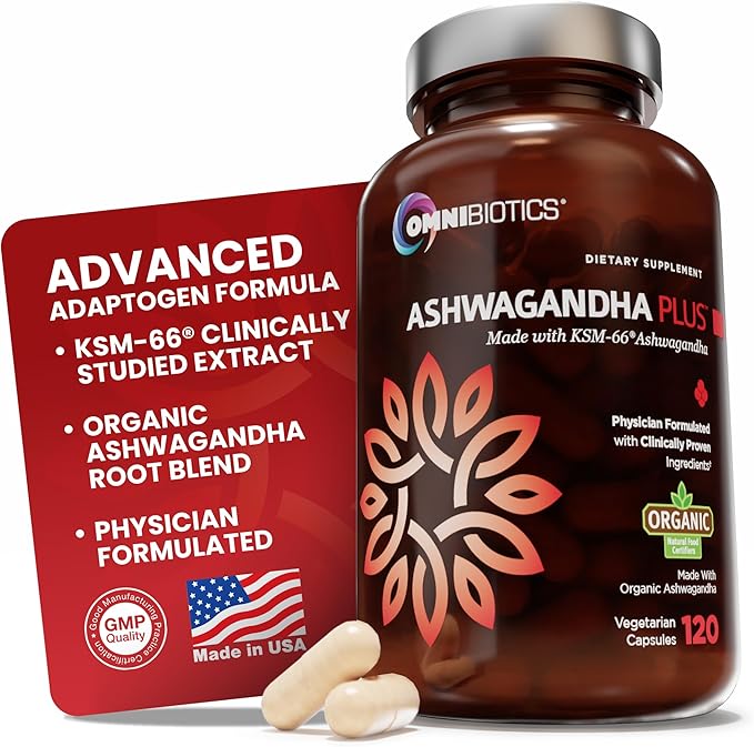 OmniBiotics Organic Ashwagandha Supplement – 1300mg Total Strength – 900mg Organic Root Powder &amp 400mg KSM-66 Extract – Stress Relief Mood &amp Sleep Support – Non-GMO – 120 Vegan Capsules