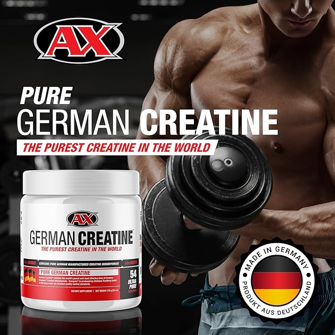 German Creatine - Micronized Creatine Monohydrate Powder 99.99% Pure Creapure for Muscle Growth Strength &amp Performance Supports Muscle Recovery 3rd Party Tested Unflavored - 270g (54 Servings