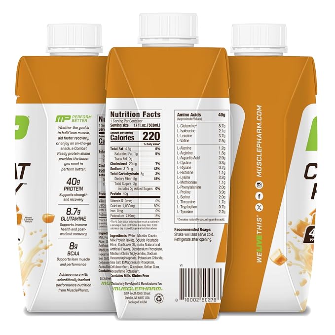 MusclePharm Combat Ready High Protein Shakes Ready to Drink 40g Protein 8g BCAAs 8.7g Glutamine 5g Fiber No Added Sugar Gluten Free Salted Caramel 17 Fl Oz (Pack of 12)