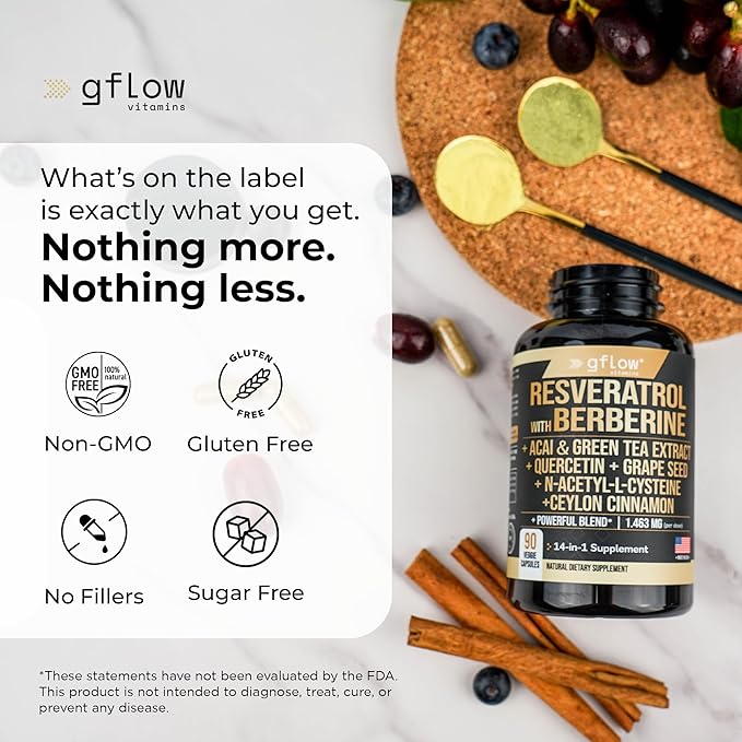 Resveratrol Supplement with Berberine Green Tea Extract Ceylon Cinnamon Grape Seed &amp Quercetin1000mg Quercetin N Acetyl cysteine Acai | 100% Natural Max Strength | Made in USA