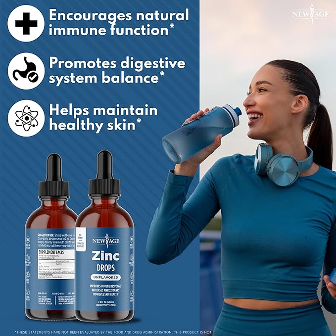 Liquid Zinc Drops for All Ages by NEW AGE - Zinc Sulfate for Immune Support Vegan Non-GMO &amp Gluten Free 60 Day Supply 2-Pack