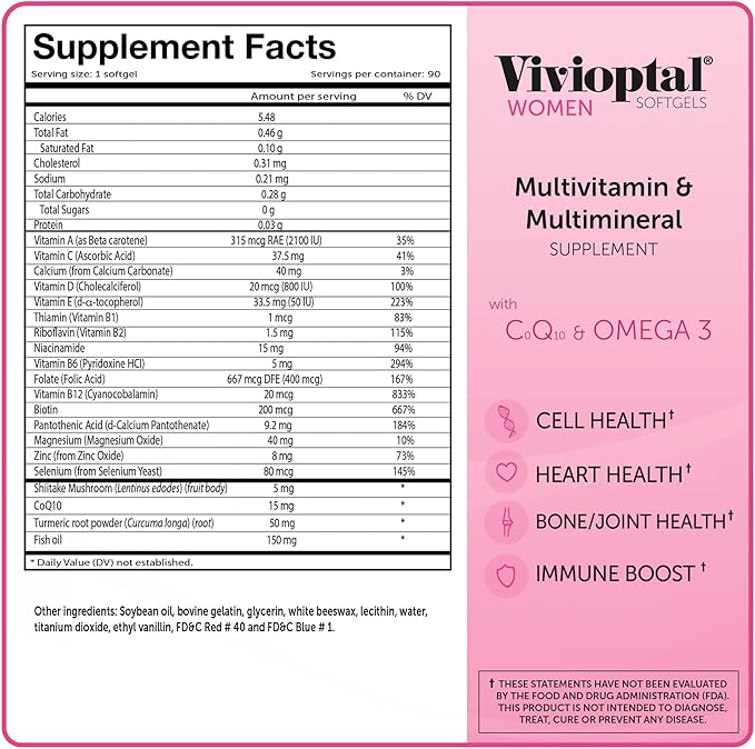 Vivioptal Women 90 Capsules (1 Year Supply) CoQ10 &amp Omega-3 Multivitamin &amp Multimineral Gluten Free German Formula
