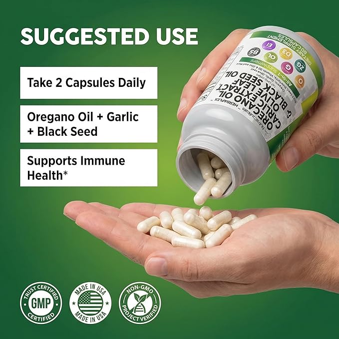 Clean Nutra Oregano Oil with Black Seed Oil Garlic Olive Leaf Extract - Oil of Oregano Capsules Immune Support Carvacrol &amp Thymoquinone Supplement for Women and Men + Elderberry Vitamin D3 &amp Z