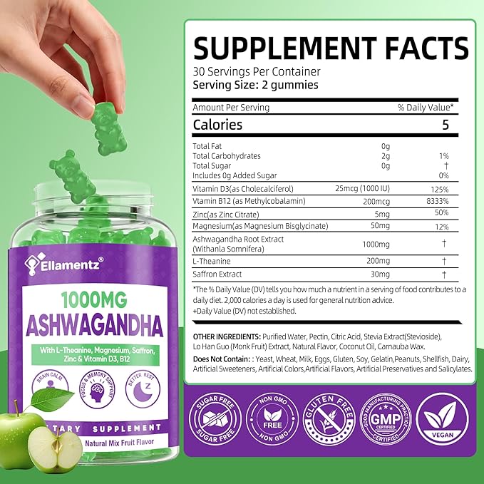 Ashwagandha Gummies 1000mg with L-Theanine &amp Magnesium - Natural Calm Gummies with Vitamin D3 B12 &amp Zinc Support Relaxation Daily Mo♡d Balance Night Rest Sugar Free120 Counts