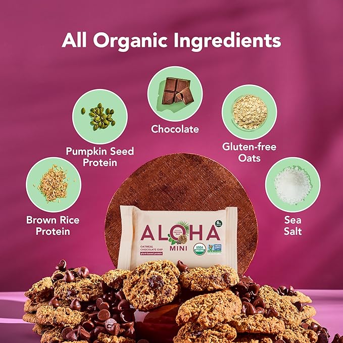 ALOHA Organic Plant Based Protein Bar MINIS | Oatmeal Chocolate Chip | GLP-1 Friendly 20 Count 24g Bars | Vegan Low Sugar Gluten Free Low Carb Non-GMO No Stevia No Soy No Sugar Alcohols