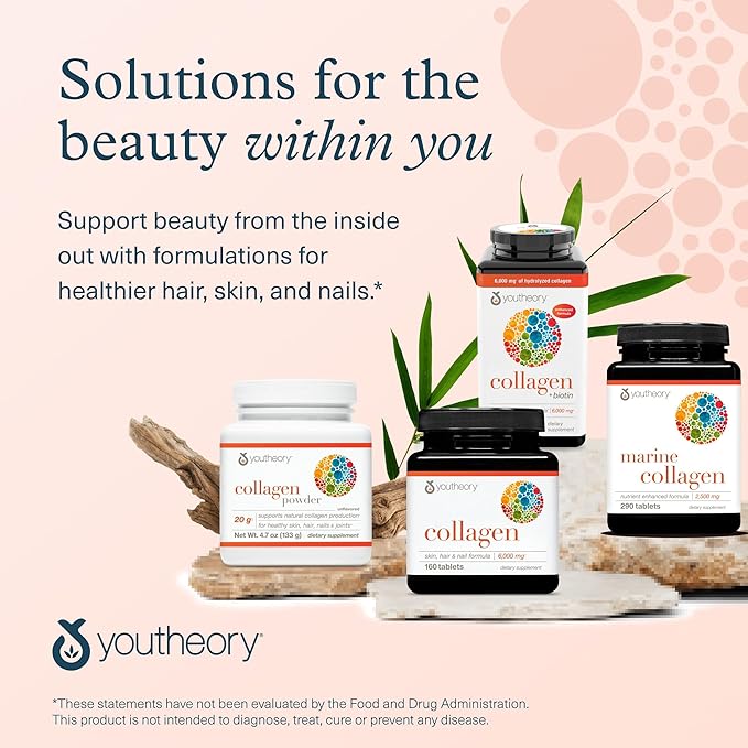 Youtheory Collagen + Biotin - Advanced Collagen Supplement - with Hydrolyzed Peptides Vitamin C &amp Vitamin B - Supports Hair Growth Nail Health &amp Skin - 390 Tablets