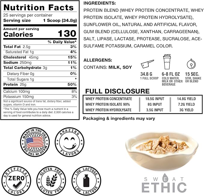 Sweat Ethic Whey'd Protein Powder 25 G Whey Protein Blend with Concentrate Isolate &amp Hydrolysate Low Lactose &amp Digestive Enzymes for Easy Mixing &amp Smooth Texture Cinnamon Cereal Milk