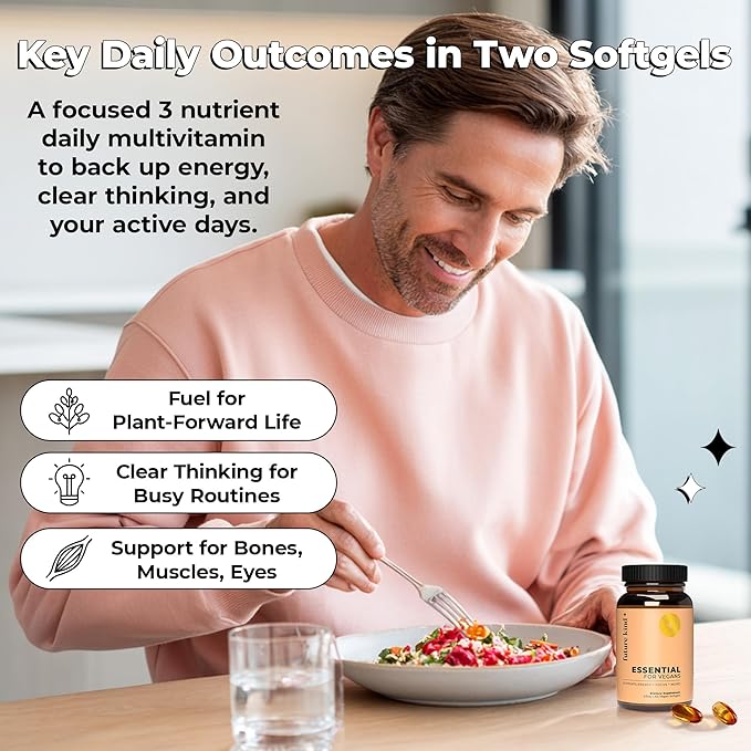Future Kind 3 in 1 Daily Multivitamin - for Energy Clarity Active Wellness Support with B12 D3 and Algal Omega-3 - Essential Vegan Multivitamin for Women &amp Men - Tiny Citrus Softgels (60 Count