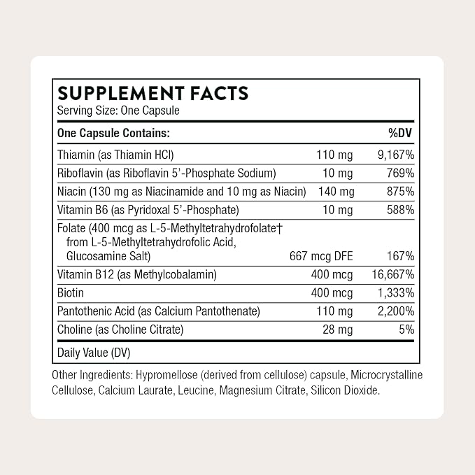 THORNE - Basic B-Complex - Tissue-Ready Vitamin B Complex Supplement with Choline - Supports Cellular Energy Production Brain Health &amp Red Blood Cell Formation* - Gluten-Free - 60 Servings