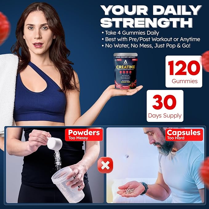 Creatine Monohydrate Gummies 5000mg – 5g per Serving – Sugar Free Vegan Creatine Supplement for Men &amp Women – Muscle Growth Strength Recovery &amp Energy – 120 Count (Strawberry)