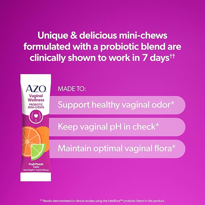 AZO Vaginal Probiotic Mini-Chews for Women Supports Healthy Vaginal Odor Healthy Vaginal Flora Yeast Balance and pH* Delicious Fruit Punch Taste 14 Count