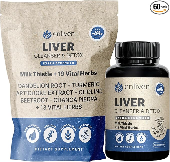 enliven Liver Cleanse Detox &amp Repair Capsules | Natural Liver Support with Milk Thistle Dandelion &amp Artichoke | Promotes Liver Health &amp Digestion | Non-GMO Herbal Supplement | 60 Capsules
