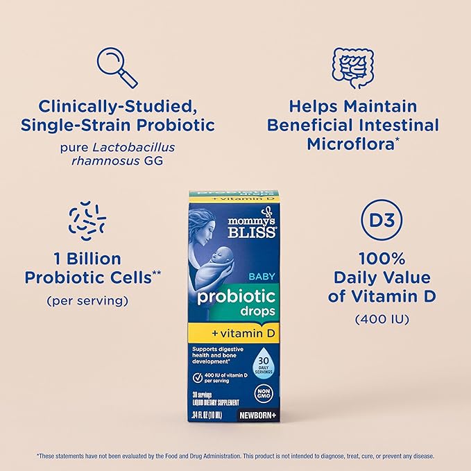 Mommy's Bliss Baby Probiotics + Vitamin D Drops Supports Digestive Health &amp Immune Function* 400IU Vitamin D  Supports Bone Development* Newborns+ Flavorless 0.34 Fl Oz (30 Servings)
