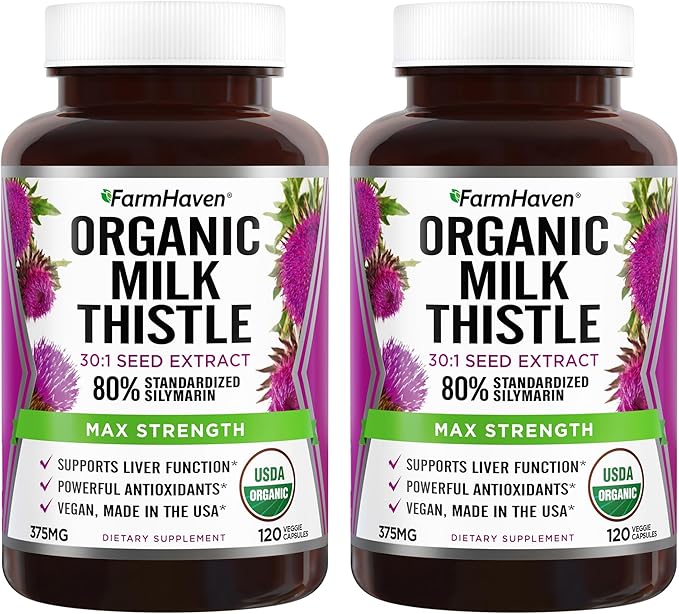 FarmHaven USDA Organic Milk Thistle Capsules | 30X Concentrated Seed Extract &amp 80% Silymarin Standardized - Supports Liver Function and Overall Health | Non-GMO | 240 Vegan Capsules