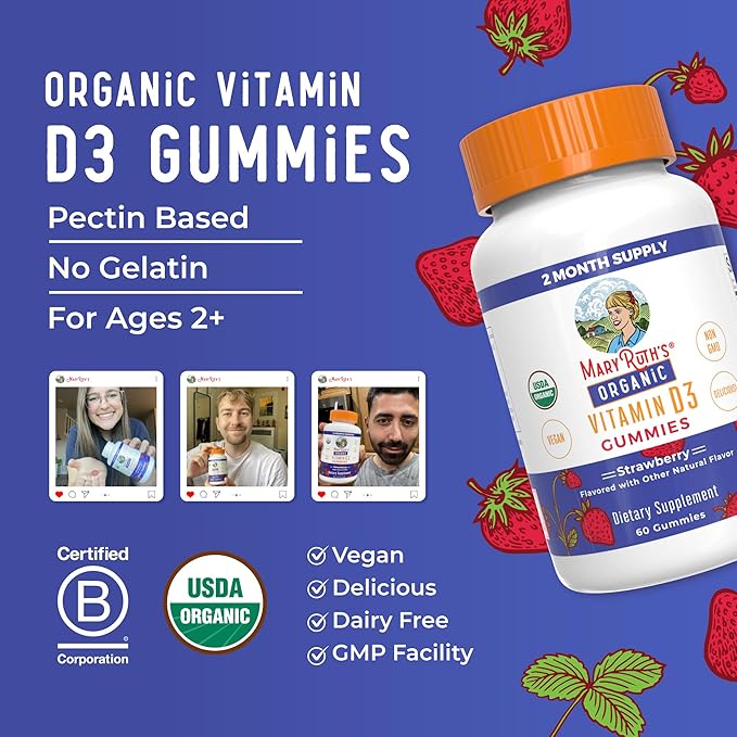 MaryRuth's Organic Vitamin D3 Gummies | 1000 IU | USDA Organic | Immune Support| Bone Health | Muscle Function | for Adults &amp Kids Ages 2+ | Vegan | Gluten Free | 2 Month Supply | 60 Count