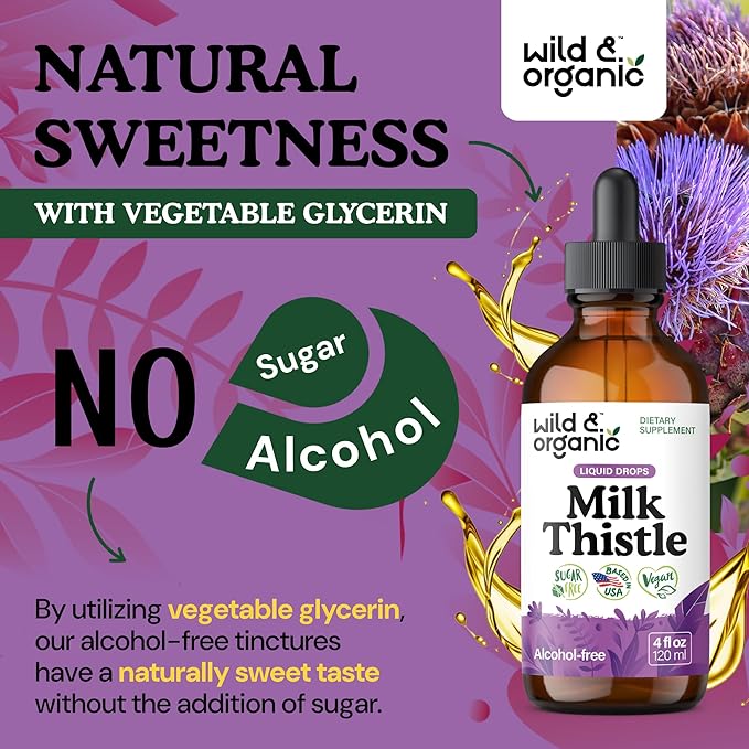 Wild &amp Organic Milk Thistle Liquid Drops - Liver Cleanse Detox - Silymarin Milk Thistle Supplement for Liver Support - Add to Tea - Silybum Marianum Seed Extract Tincture - Sugar &amp Alcohol-Fre