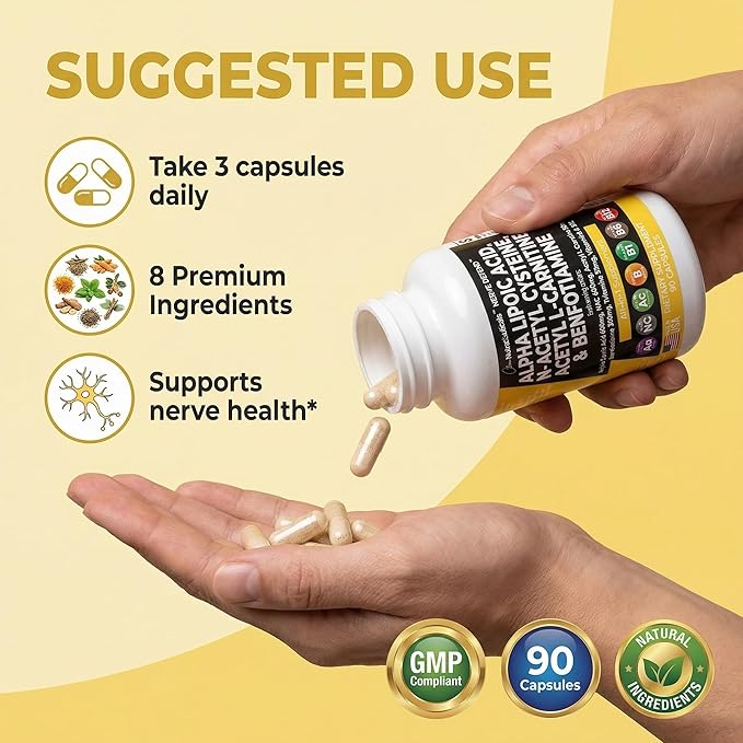 Alpha Lipoic Acid 600mg N-Acetyl Cysteine 600mg Acetyl L-Carnitine 500mg Benfotiamine 300mg - Nerve Support Supplement for Women and Men with Vitamin B1 B6 &amp B12 - Made in USA 90 Caps