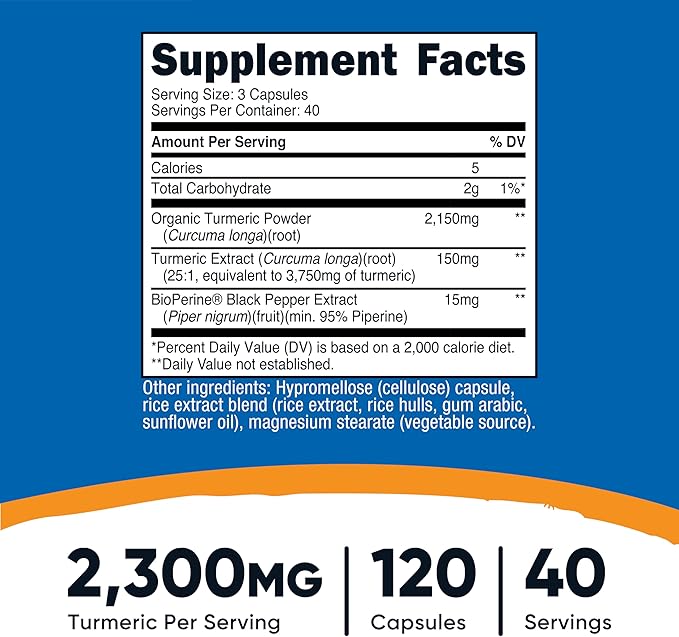 Nutricost Turmeric Curcumin Pills (3 Pack) with BioPerine and 95% Curcuminoids 2300mg 120 Capsules Veggie Capsules 767mg Per Cap 40 Servings Gluten Free Non-GMO