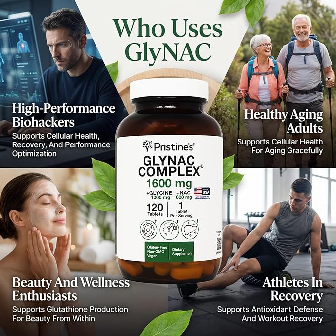 PRISTINE'S GlyNAC Complex Glutathione Production Supplement Tablets - 3rd Party Tested Anti Aging Sleep Quality &amp Cognitive Support Supplement - Glycine &amp NAC Gluten Free Non GMO USA Made