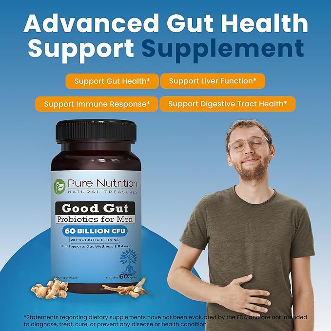 Pure Nutrition Good Gut Men's Probiotics 60 Billion CFU 20 Strains | 60 Caps | Probiotics for Men with Organic Prebiotic Blend | Once Daily | Non GMO | Gluten Free