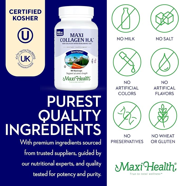 Maxi Health Marine Collagen Pills – 1000 mg Type 1 Collagen for Women &amp Men with Hyaluronic Acid Supplement for Joint &amp Skin Support – Unflavored Clean Kosher Capsules (90 Maxicaps)