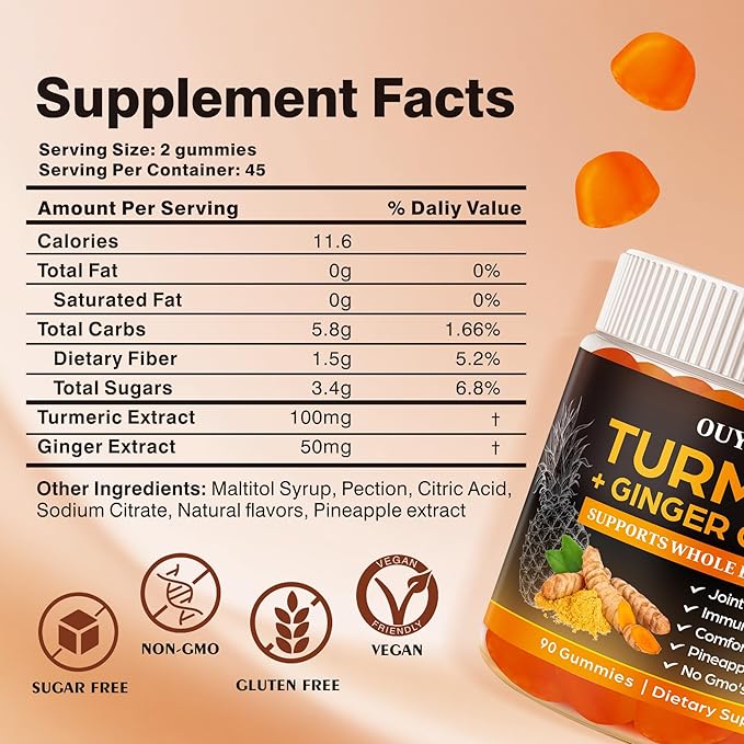 Turmeric Gummies Joint &amp Muscle Relief + Immune Support Natural Pineapple Flavor Non-GMO Gluten-Free 90 Gummies