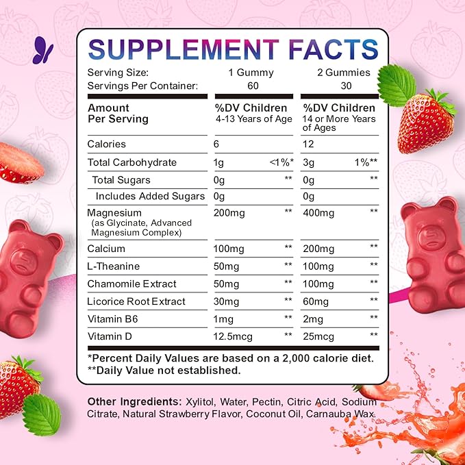 2 Pack Kids Magnesium Gummies Sugar Free Strawberry &amp Pineapple Flavor