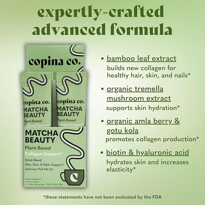 Copina Co. Matcha Beauty Vegan Collagen Booster Drink Blend: Plant Based Collagen Support Smoothie Drink Vegan Blend Variety Pack | Matcha Flavor | 10 Individual Stick Packs per Carton