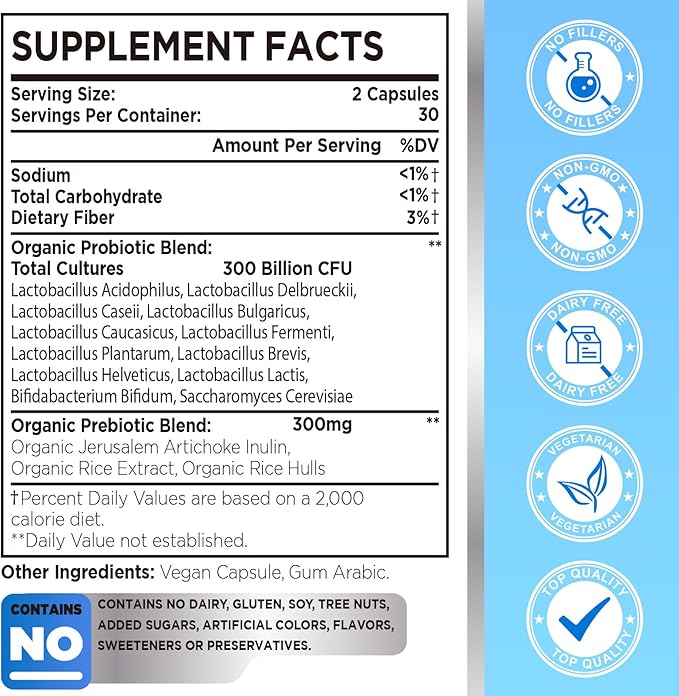 300 Billion CFU Probiotic 12 Strains with 3 Organic Prebiotics Probiotics for Women and Men Daily Supplement for Digestive Immune Gut &amp Bloating Health Shelf Stable Vegan 60 Counts