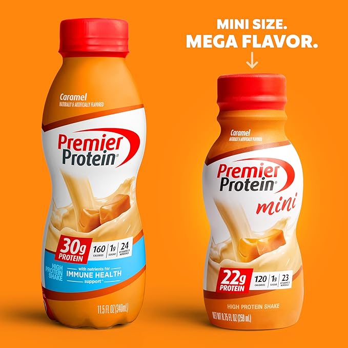 Premier Protein Shake MINIs Caramel 22g Protein 120 Calorie Pack of 12 &amp Protein Shake 8 Flavor Variety Pack 30g Protein 24 Vitamins &amp Minerals
