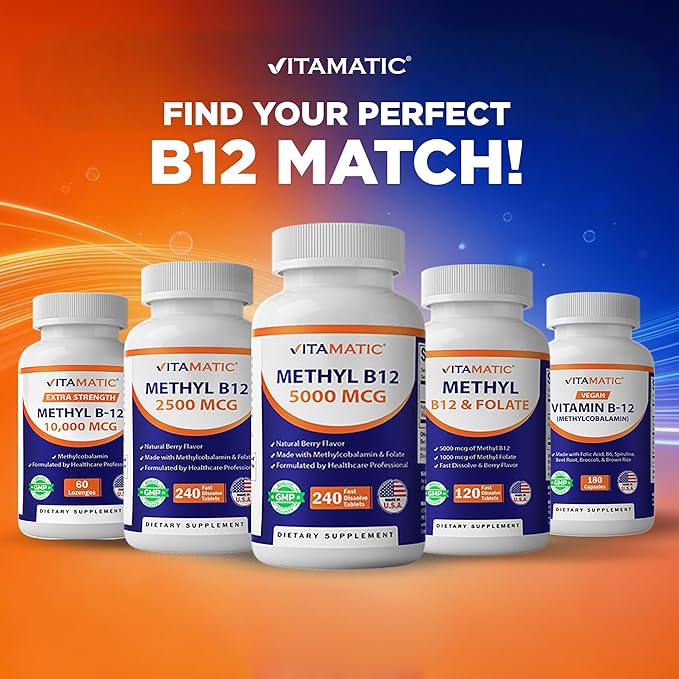 Vitamatic Vitamin B12 5000 mcg – 365 Fast Dissolve Tablets Berry Flavor – Supports Energy Production &amp Nervous System Health – Non-GMO Gluten-Free- 2 Pack
