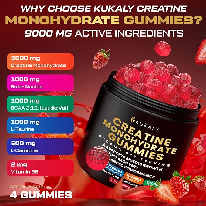Creatine Monohydrate Gummies for Men &amp Women 9000MG Creatine Gummies Sugar Free with L-Taurine BCAA 2:1 B12 B6 for Boost Strength Focus &amp Endurance Vegan Non-GMO Strawberry 120*2 Bottle