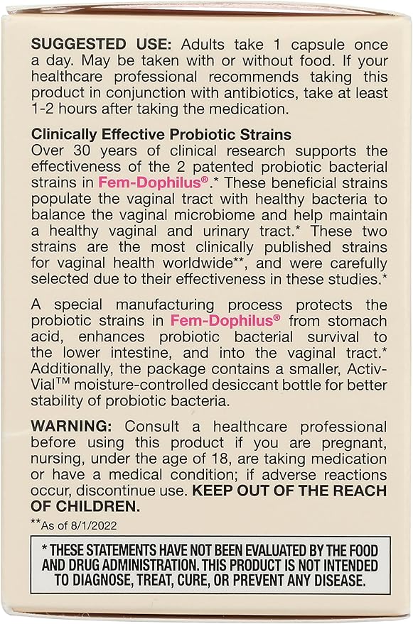 Jarrow Formulas Fem-Dophilus - 5 Billion CFU Per Serving - Women's Probiotic Supplement - Urinary Tract &amp Vaginal Health - Up to 30 Servings (Veggie Caps)